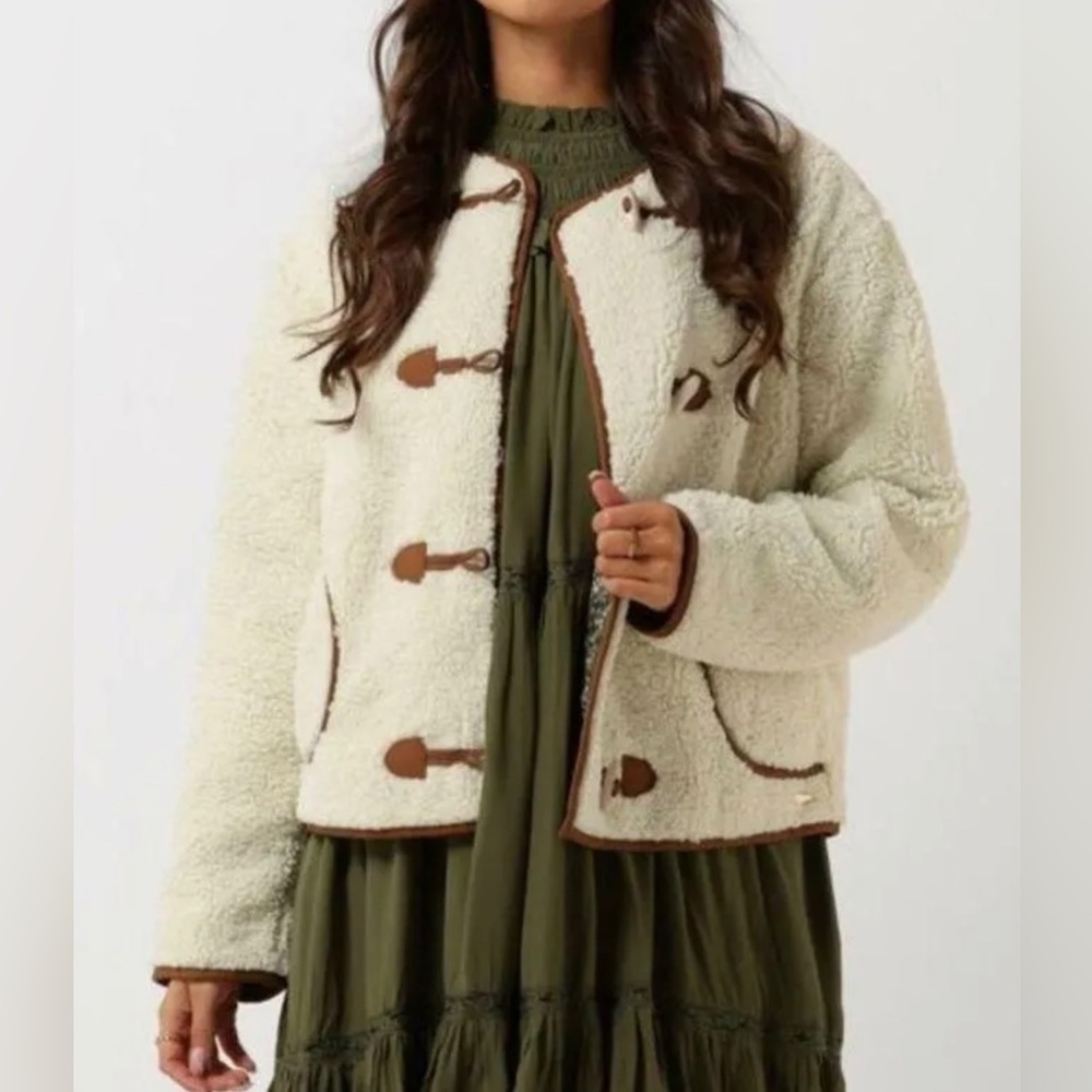 Scotch and Soda Short Teddy Jacket Cream Trim Brown Women's XL NWT